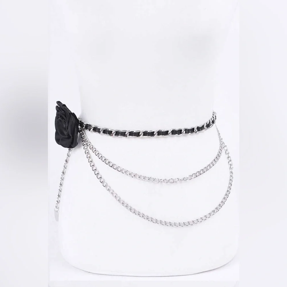 Satin 3-D Flower & Gold Iron Chain Statement Belt - Picture 3 of 7